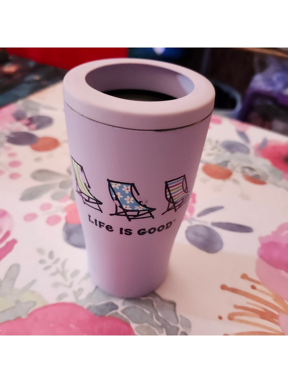 Life is Good Stainless Steel Travel Tumbler Purple Beach Chairs Coffee Mug